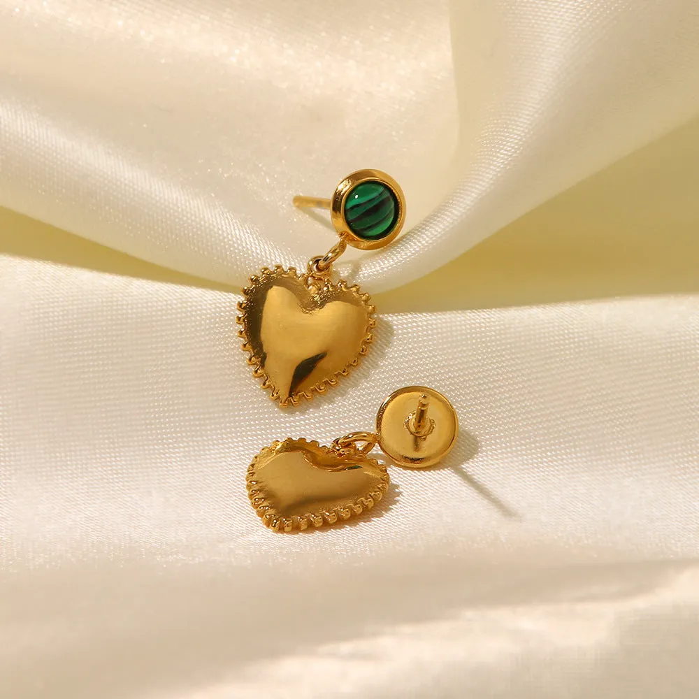18K Gold Simple Inlaid White Diamond Malachite Heart Pendant Versatile Earrings