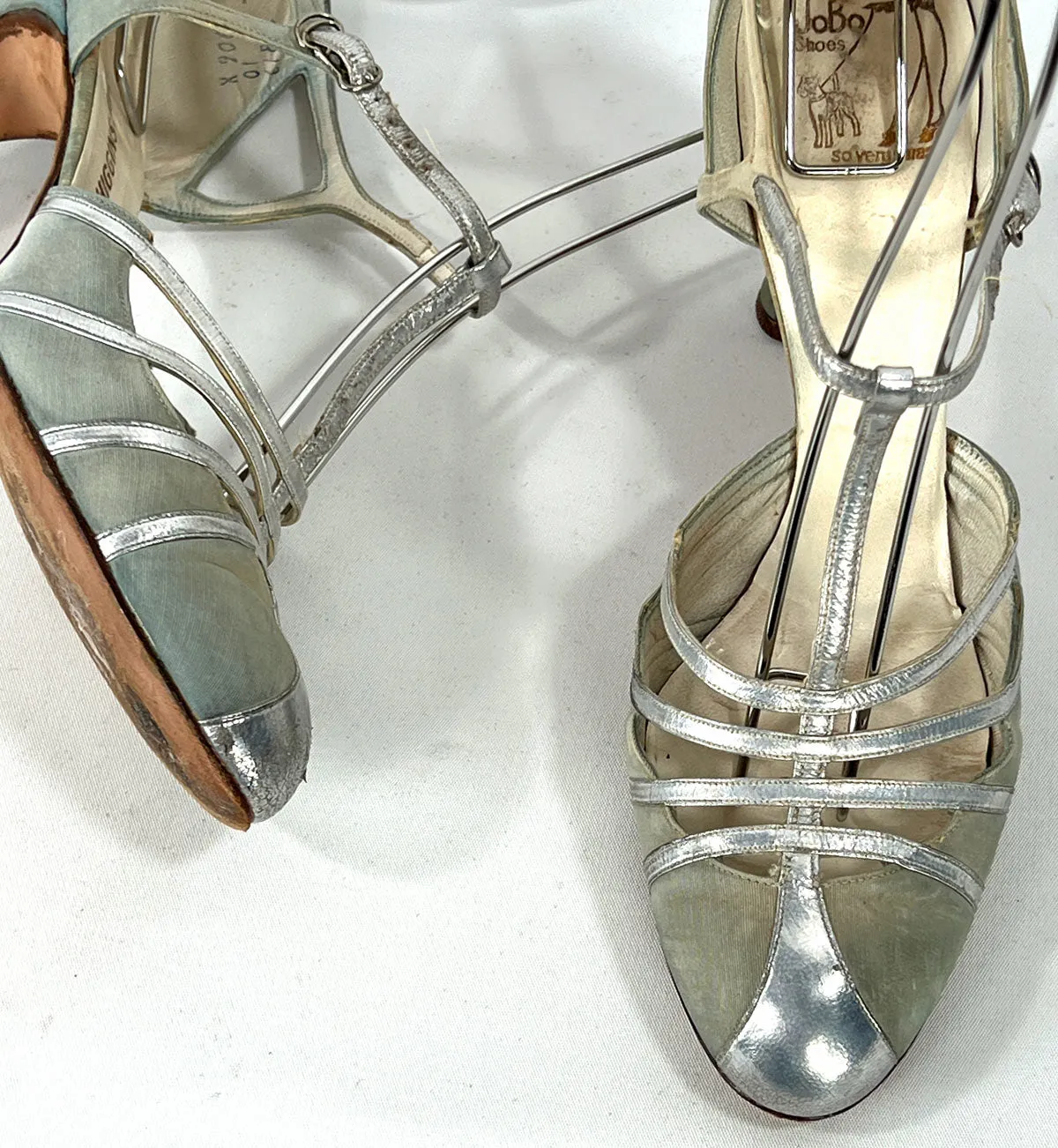 30s Evening Heels 20s T-Strap Flapper Shoes Vintage Silver Trim JoBo VFG