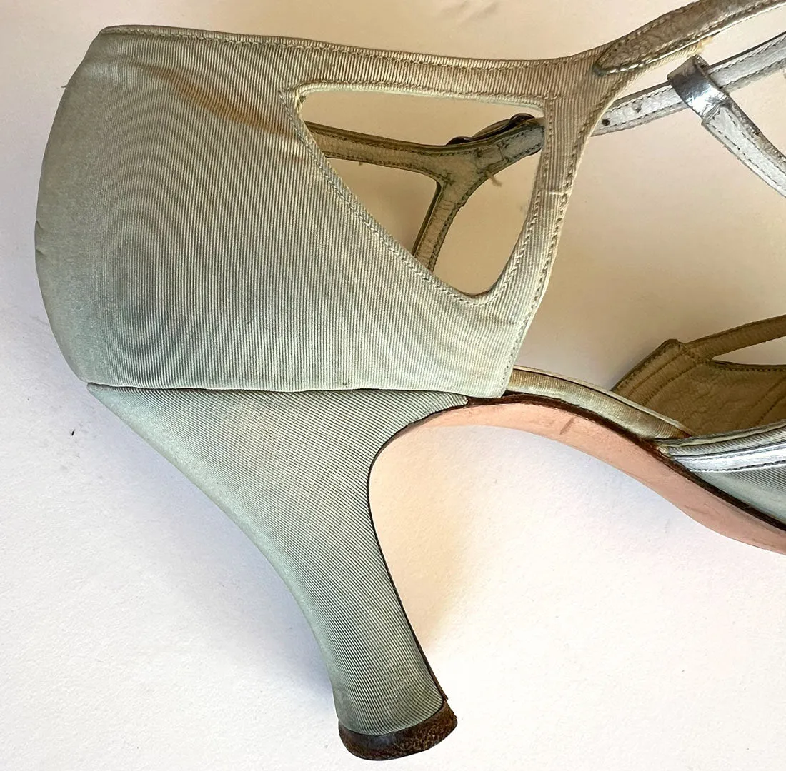 30s Evening Heels 20s T-Strap Flapper Shoes Vintage Silver Trim JoBo VFG