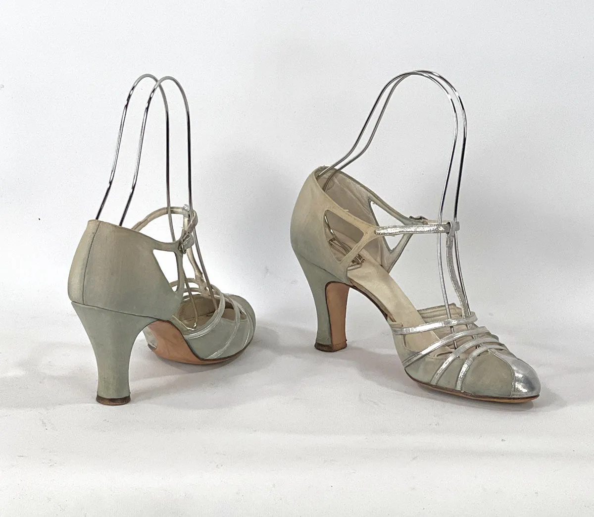 30s Evening Heels 20s T-Strap Flapper Shoes Vintage Silver Trim JoBo VFG