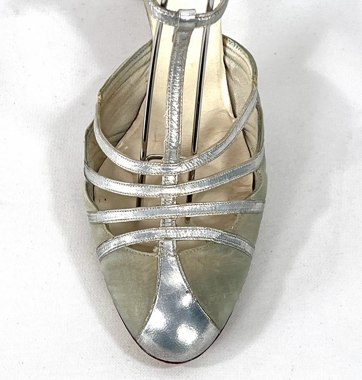 30s Evening Heels 20s T-Strap Flapper Shoes Vintage Silver Trim JoBo VFG