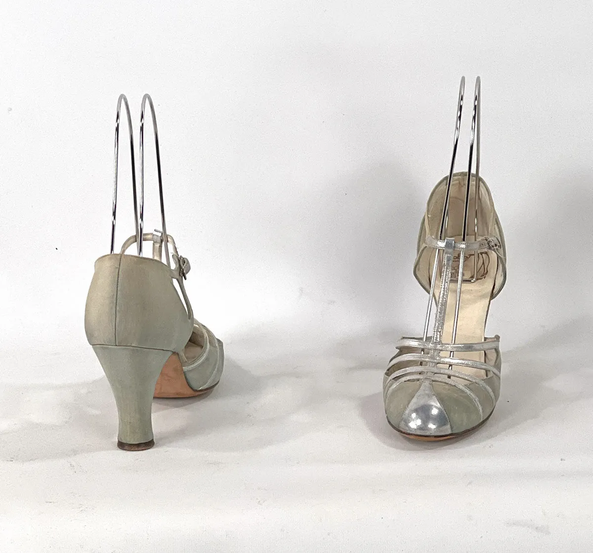 30s Evening Heels 20s T-Strap Flapper Shoes Vintage Silver Trim JoBo VFG