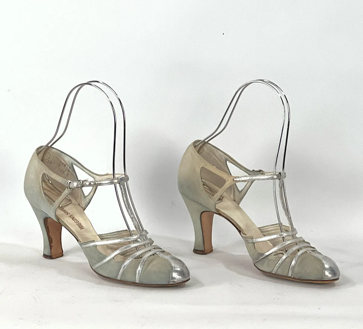 30s Evening Heels 20s T-Strap Flapper Shoes Vintage Silver Trim JoBo VFG