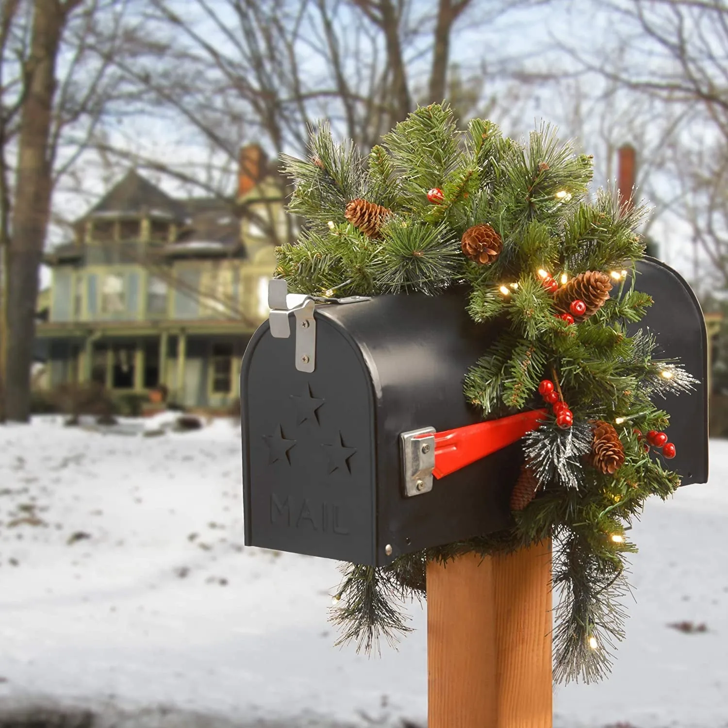 36" Battery-Operated Classic Spruce Mailbox Swag with Warm White Lights, Pine Cones and Berries