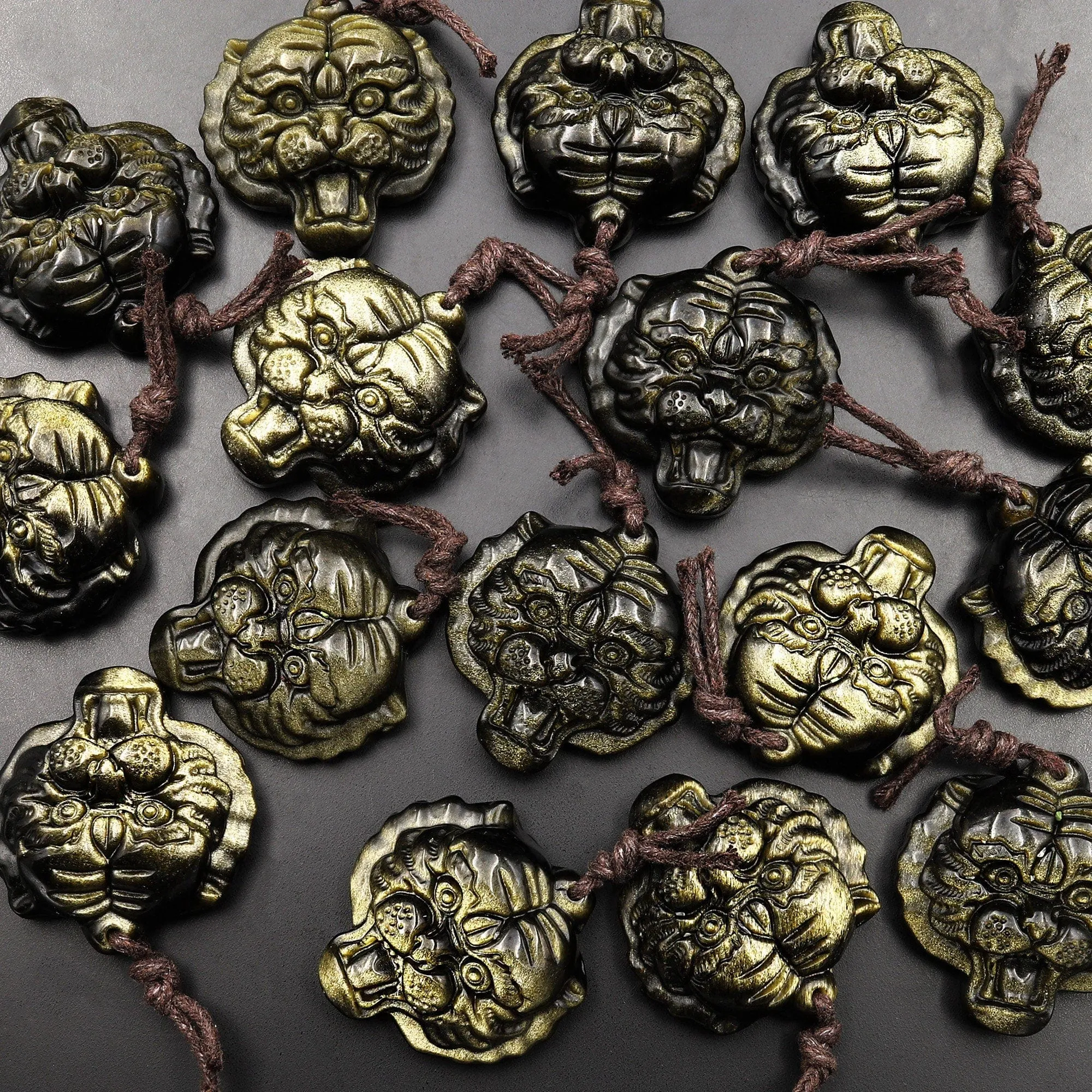 AAA Hand Carved Natural Golden Obsidian Tiger Head Pendant Gemstone Focal Bead