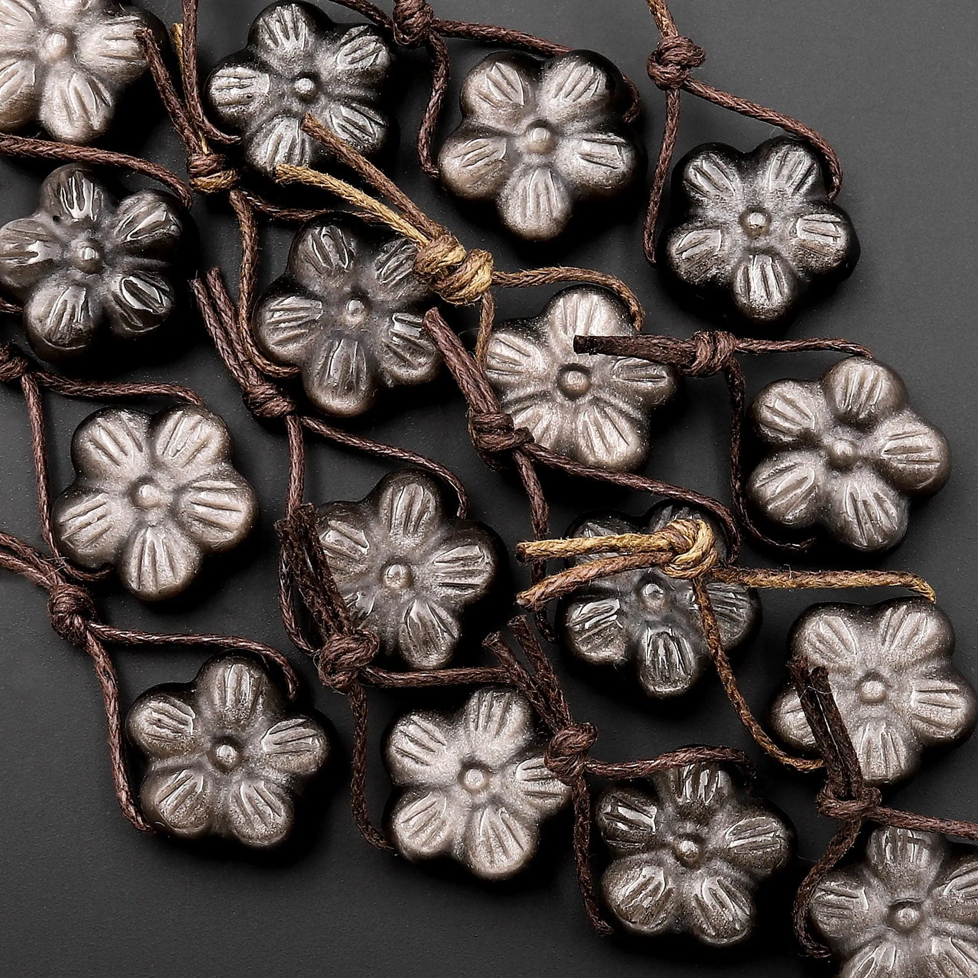 AAA Hand Carved Natural Silver Obsidian Cherry Blossom Flower Pendant Gemstone Focal Bead