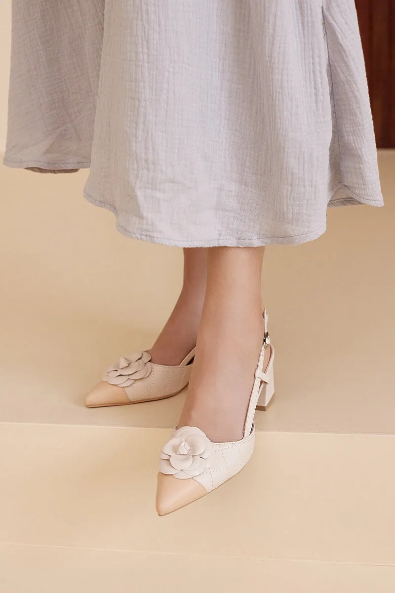 Nude Cream Adelina Flower Embellished Heels - Elegant Womens Footwear