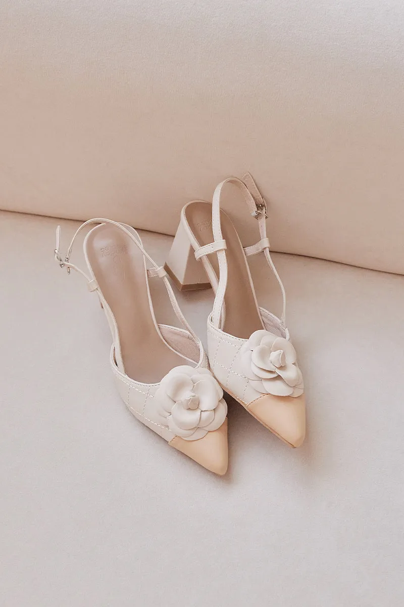 Nude Cream Adelina Flower Embellished Heels - Elegant Womens Footwear