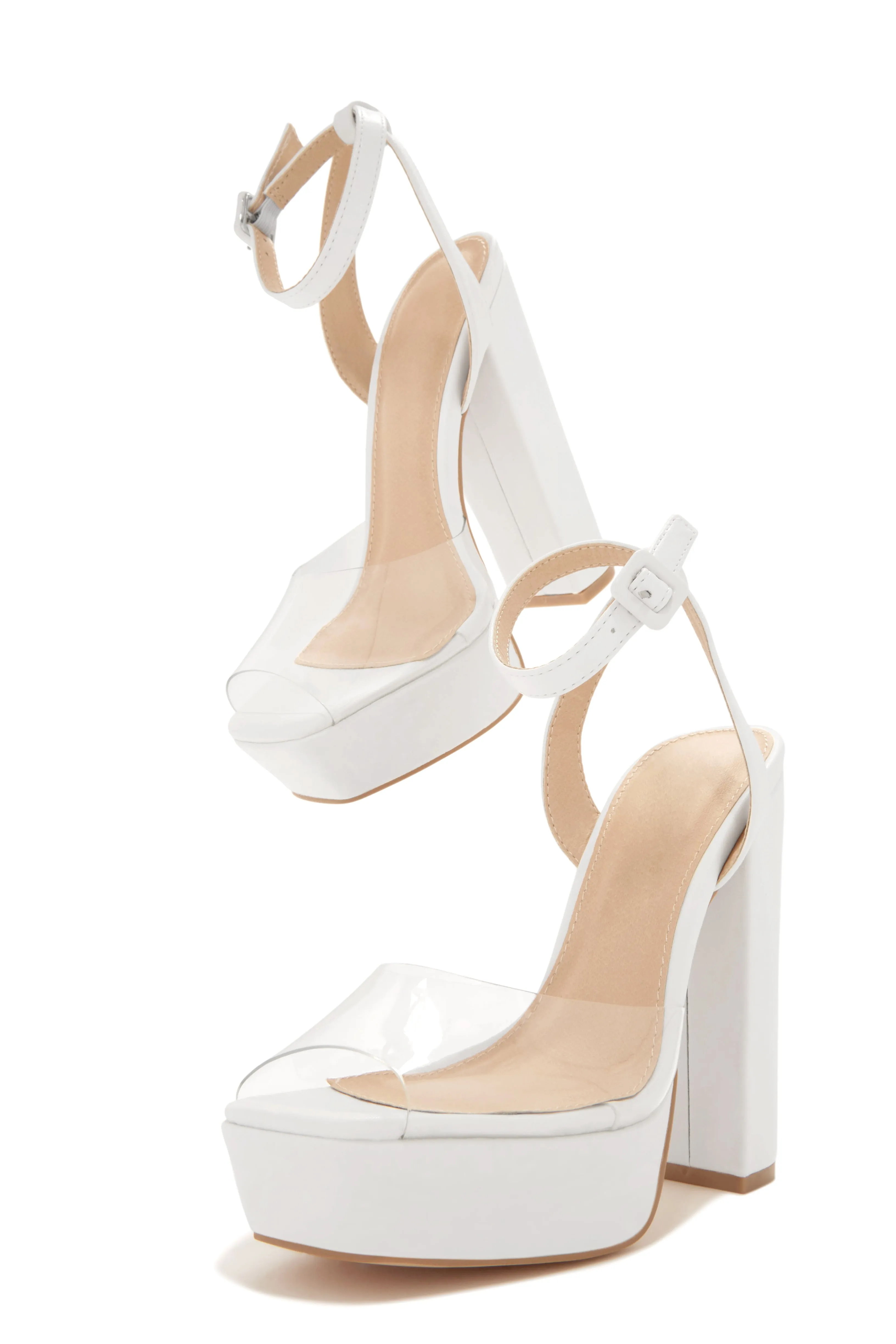 Adelynn Clear Strap Platform Block Heels - White