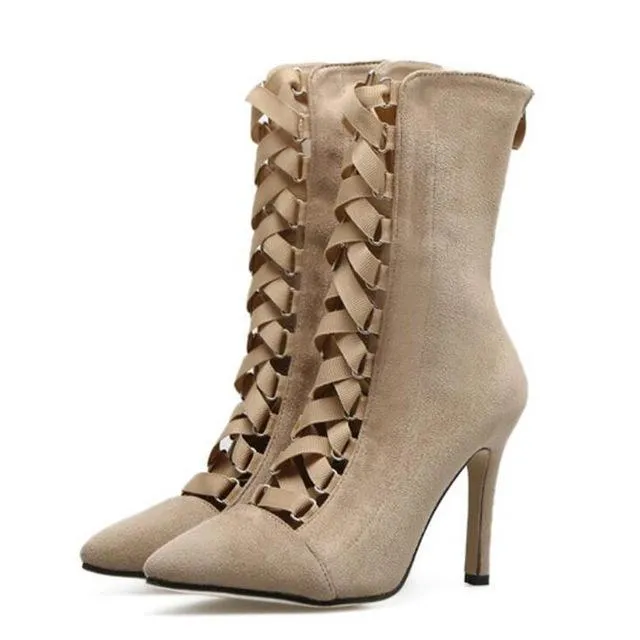 BAYUXSHUO Gladiator High Heels Women Pumps Genova Stiletto Sandal Booties Pointed Toe Strappy Lace Up Pumps Shoes Woman Boots