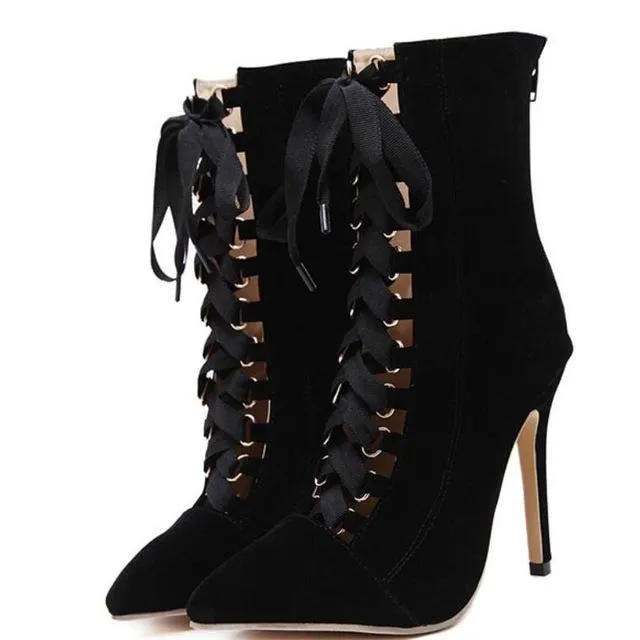 BAYUXSHUO Gladiator High Heels Women Pumps Genova Stiletto Sandal Booties Pointed Toe Strappy Lace Up Pumps Shoes Woman Boots