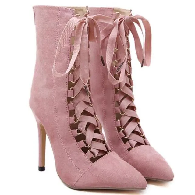 BAYUXSHUO Gladiator High Heels Women Pumps Genova Stiletto Sandal Booties Pointed Toe Strappy Lace Up Pumps Shoes Woman Boots