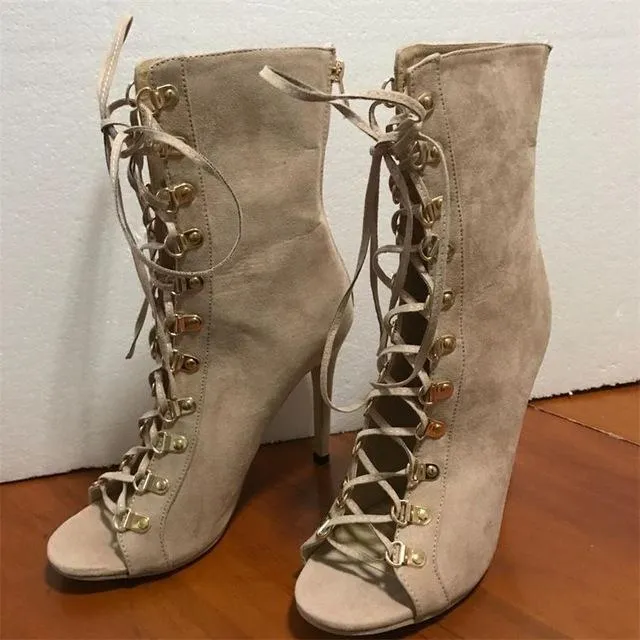 BAYUXSHUO Gladiator High Heels Women Pumps Genova Stiletto Sandal Booties Pointed Toe Strappy Lace Up Pumps Shoes Woman Boots
