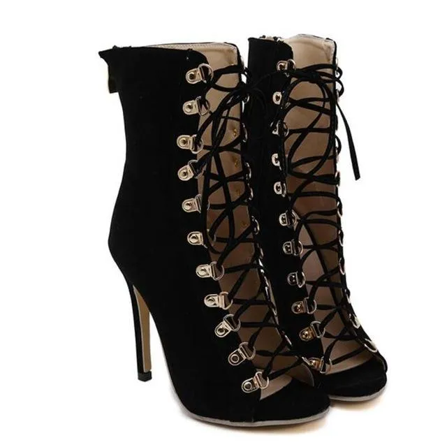 BAYUXSHUO Gladiator High Heels Women Pumps Genova Stiletto Sandal Booties Pointed Toe Strappy Lace Up Pumps Shoes Woman Boots