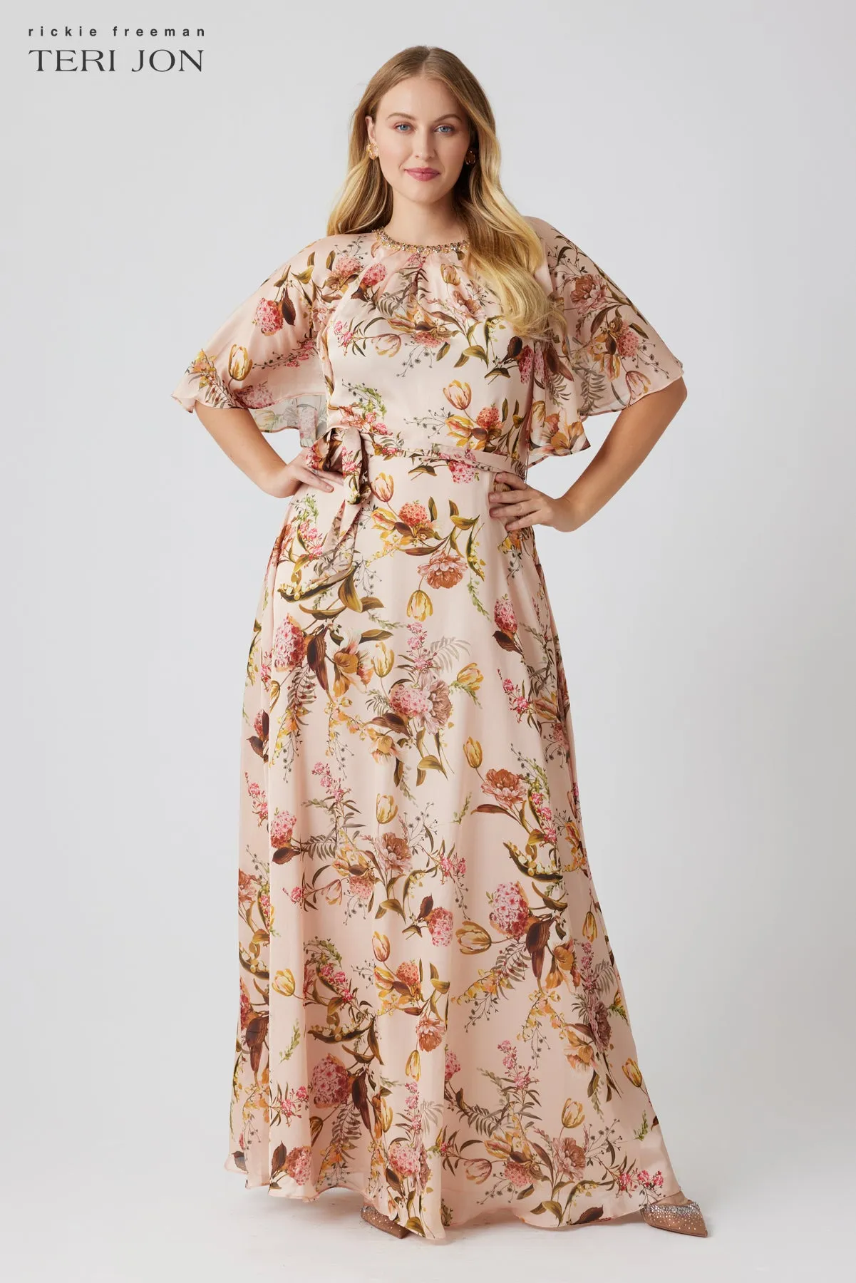 Beaded Flutter Collar Gown