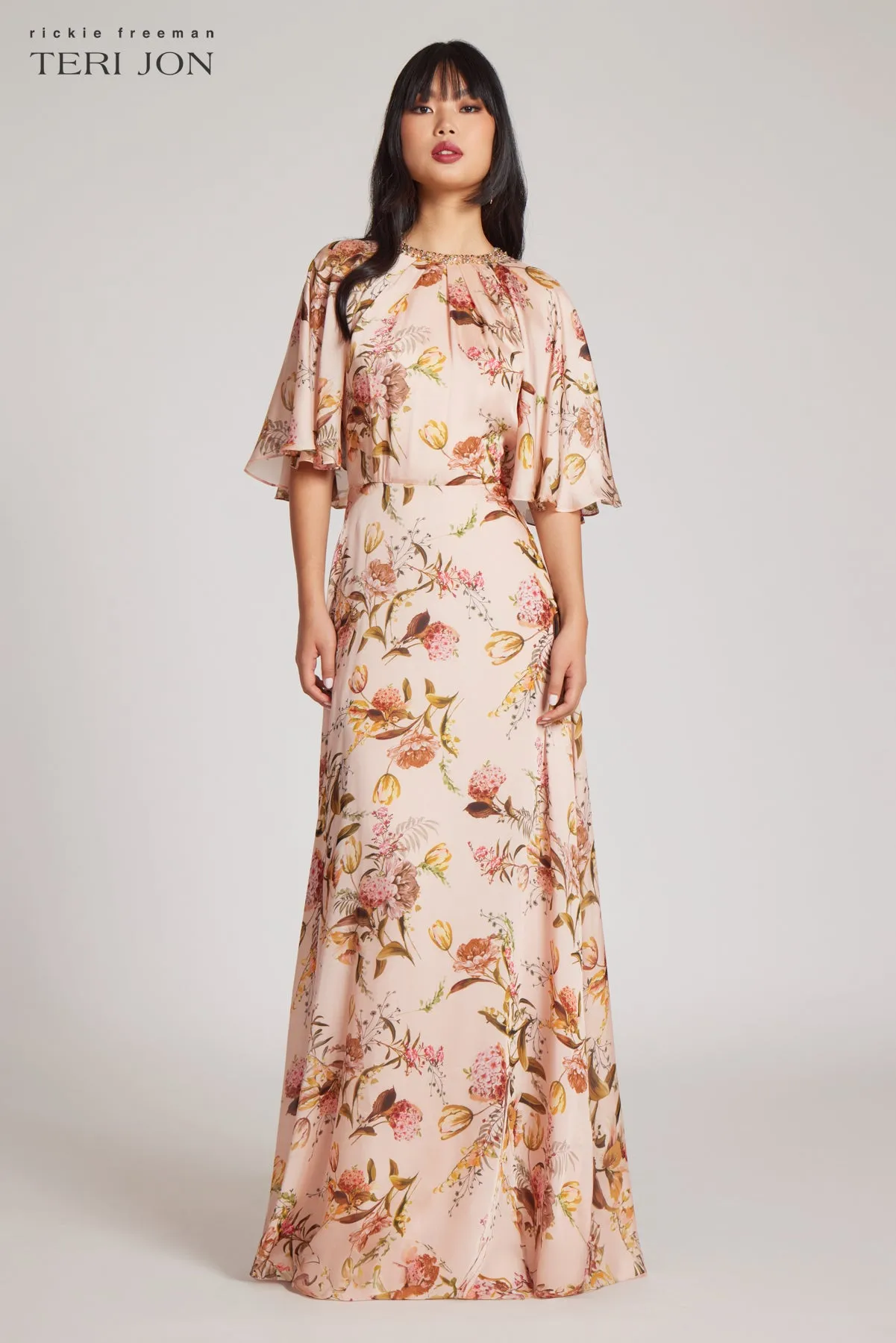 Beaded Flutter Collar Gown