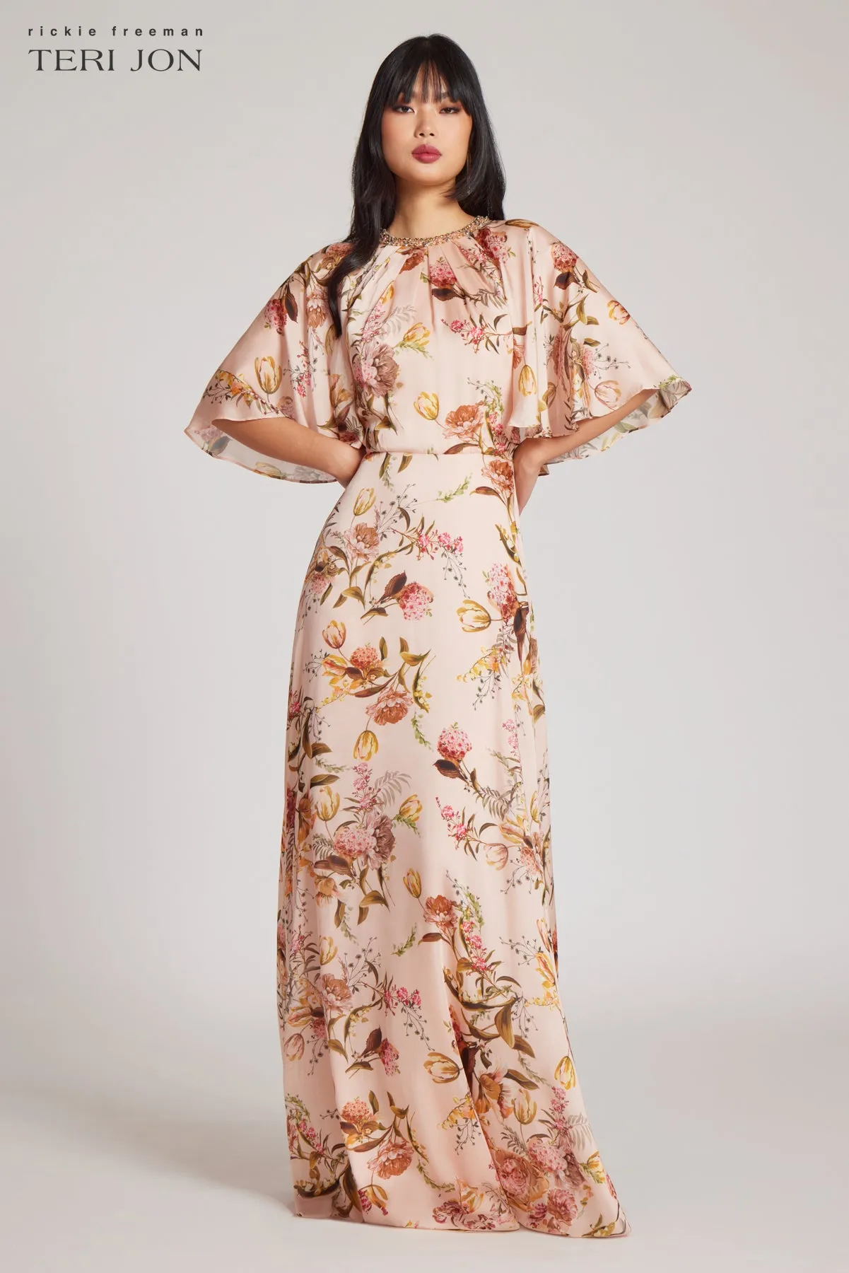Beaded Flutter Collar Gown