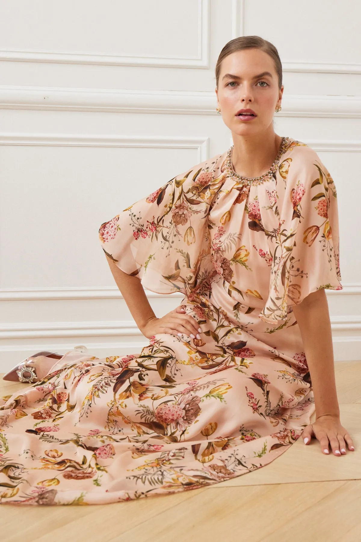 Beaded Flutter Collar Gown