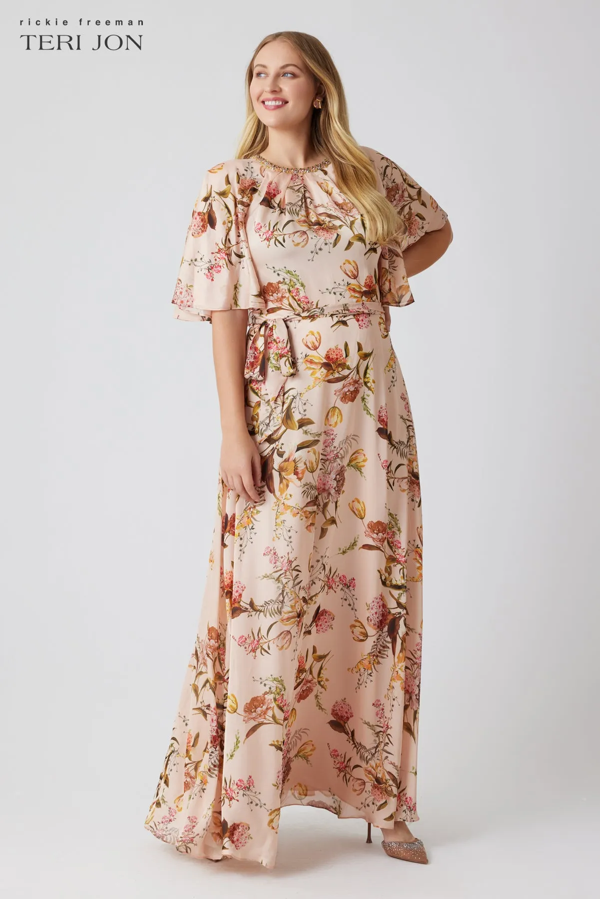 Beaded Flutter Collar Gown