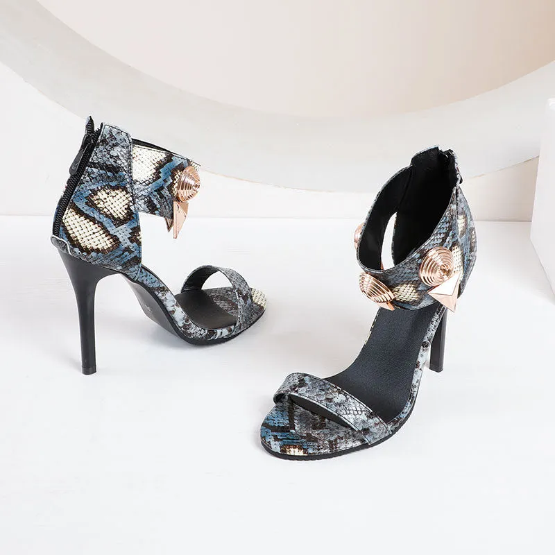 Bigsizeheels Miu magazine metal punk stiletto sandals - Blue snake pattern