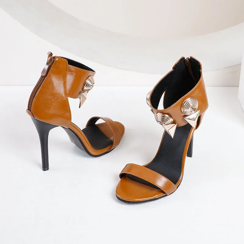 Bigsizeheels Miu magazine metal punk stiletto sandals - Brown