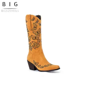 Bigsizeheels Vintage chunky heel pointed toe embroidery boots- Yellow