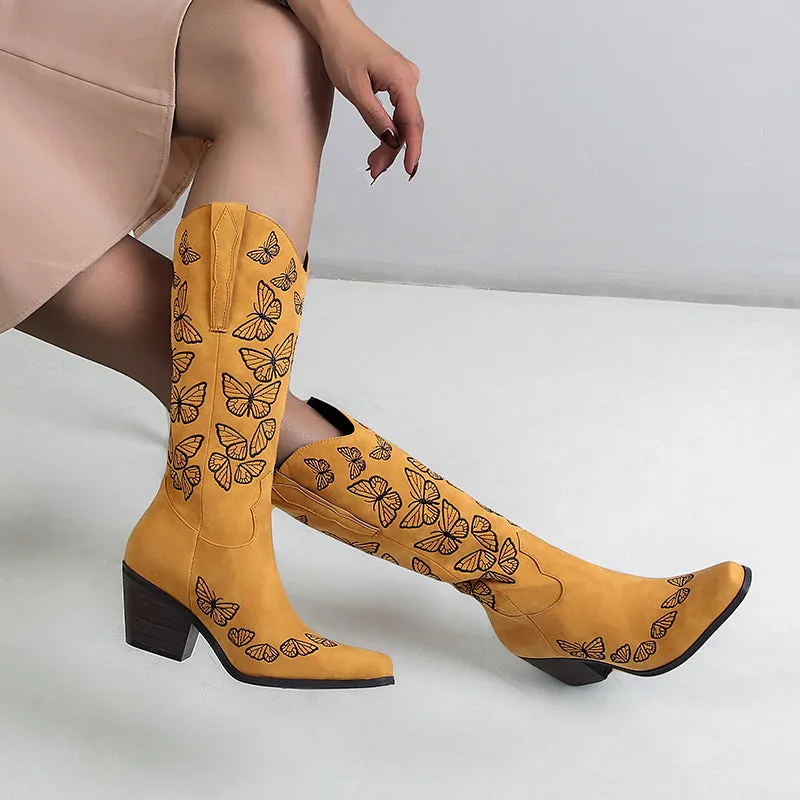 Bigsizeheels Vintage chunky heel pointed toe embroidery boots- Yellow