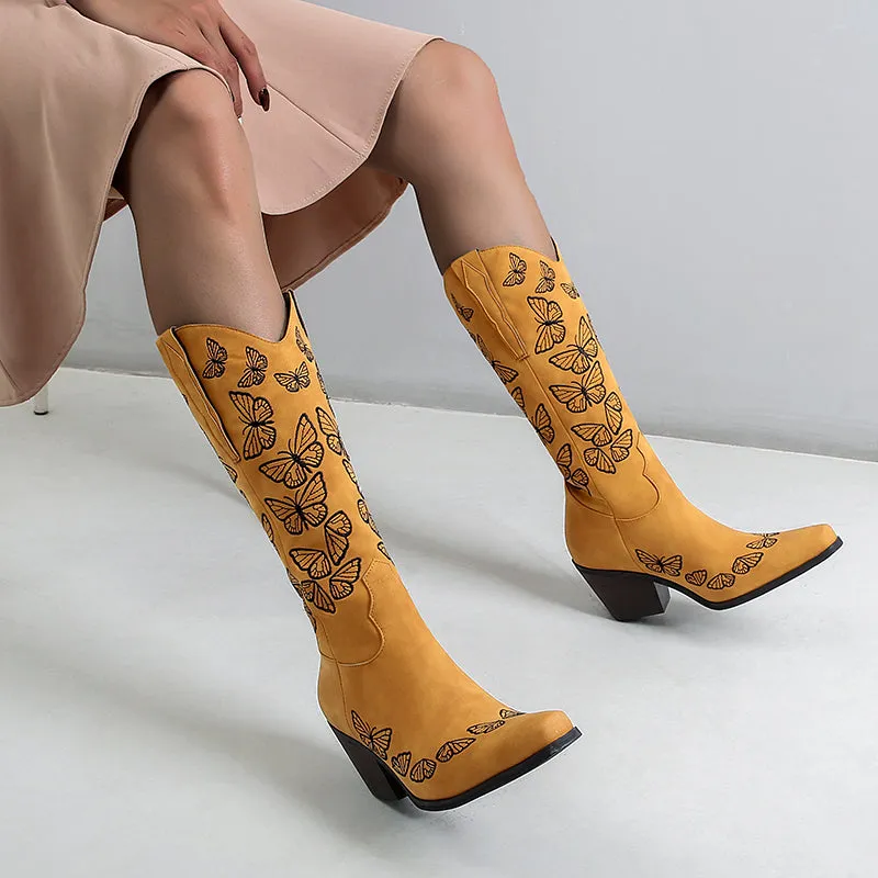 Bigsizeheels Vintage chunky heel pointed toe embroidery boots- Yellow