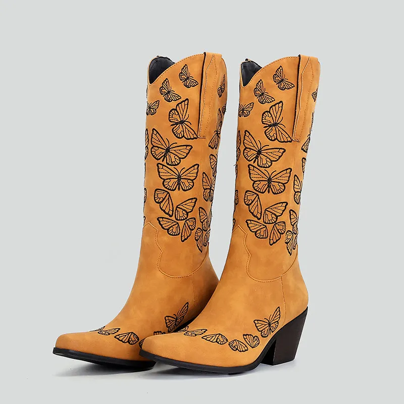 Bigsizeheels Vintage chunky heel pointed toe embroidery boots- Yellow