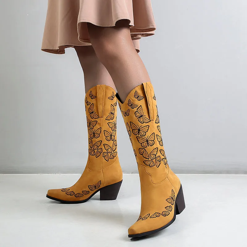 Bigsizeheels Vintage chunky heel pointed toe embroidery boots- Yellow