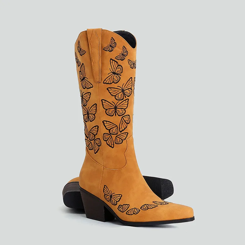 Bigsizeheels Vintage chunky heel pointed toe embroidery boots- Yellow