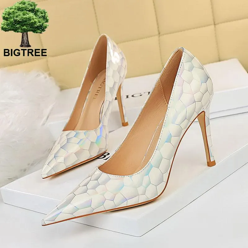 Bigtree Shoes New Patent Leather Woman Pumps Metal Stone Pattern High Heels Designer Women Heels Stiletto Female Pumps Size 43