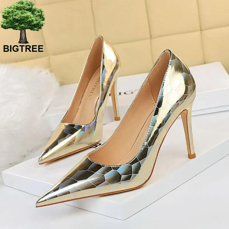 Bigtree Shoes New Patent Leather Woman Pumps Metal Stone Pattern High Heels Designer Women Heels Stiletto Female Pumps Size 43