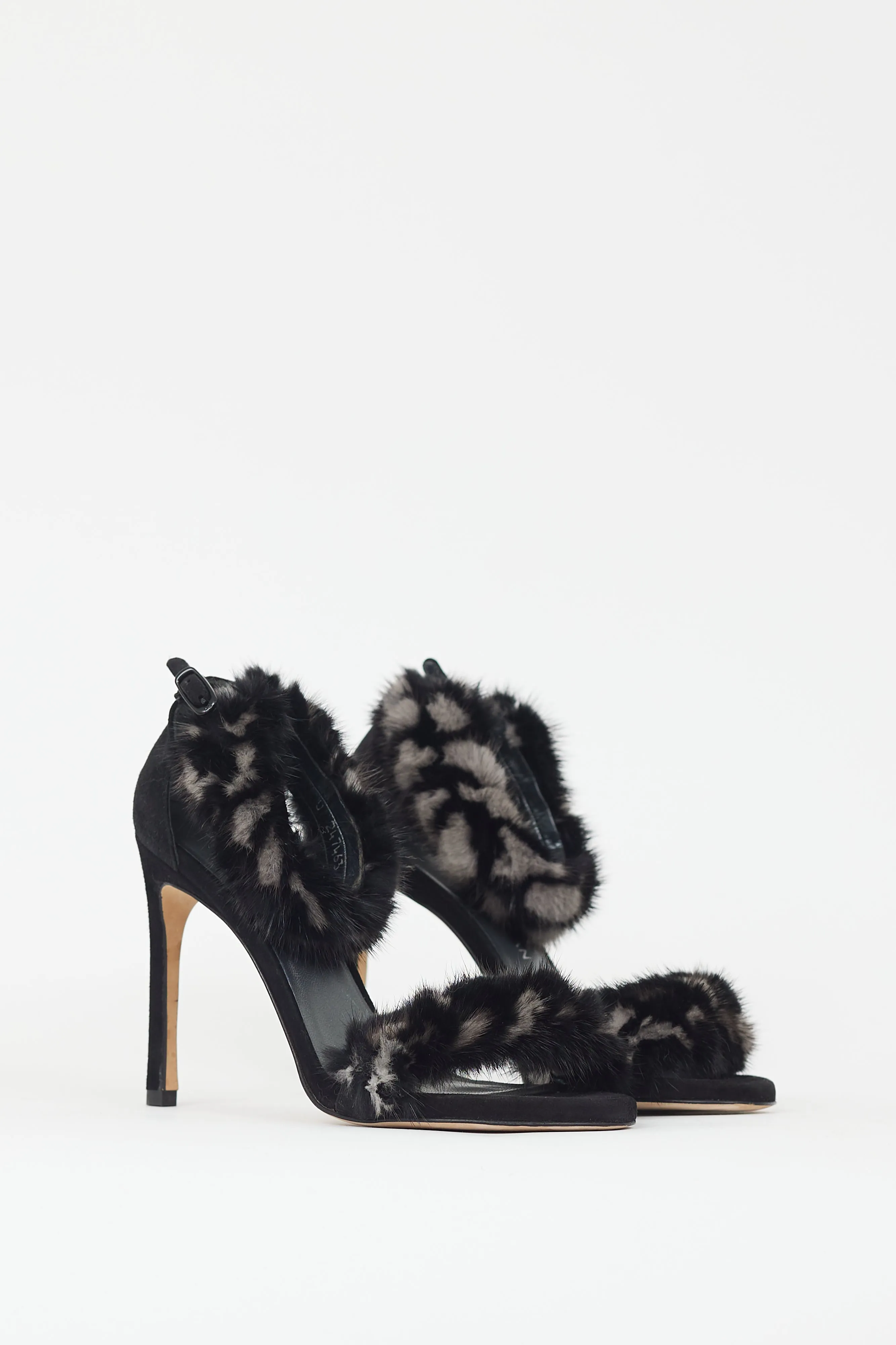 Black & Grey Fur Strap Heel