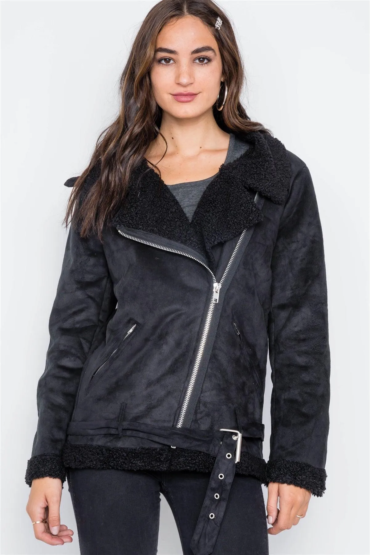 Black Faux Fur Moto Zip-Front Jacket /2-2-2