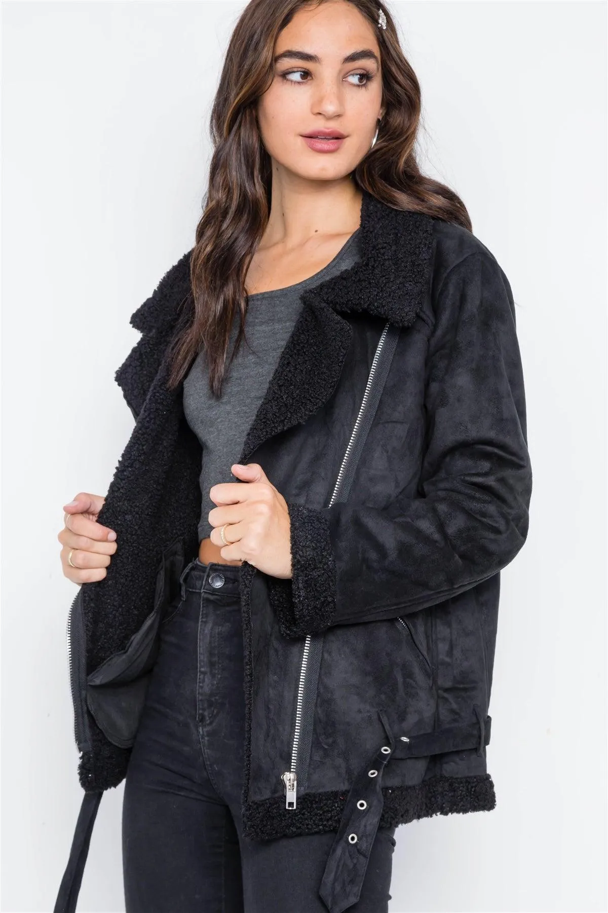Black Faux Fur Moto Zip-Front Jacket /2-2-2