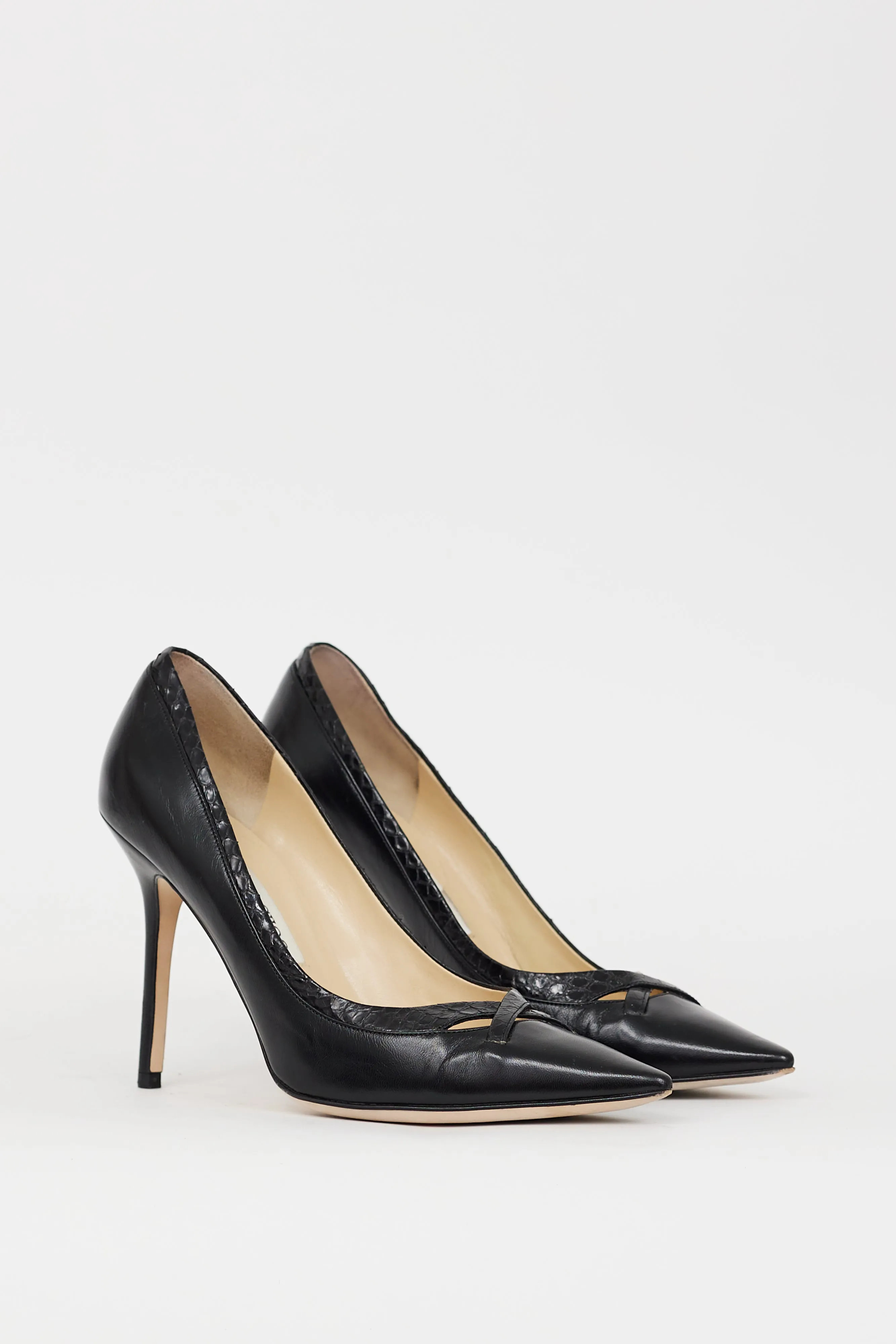 Black Leather Pointed Cutout Heel
