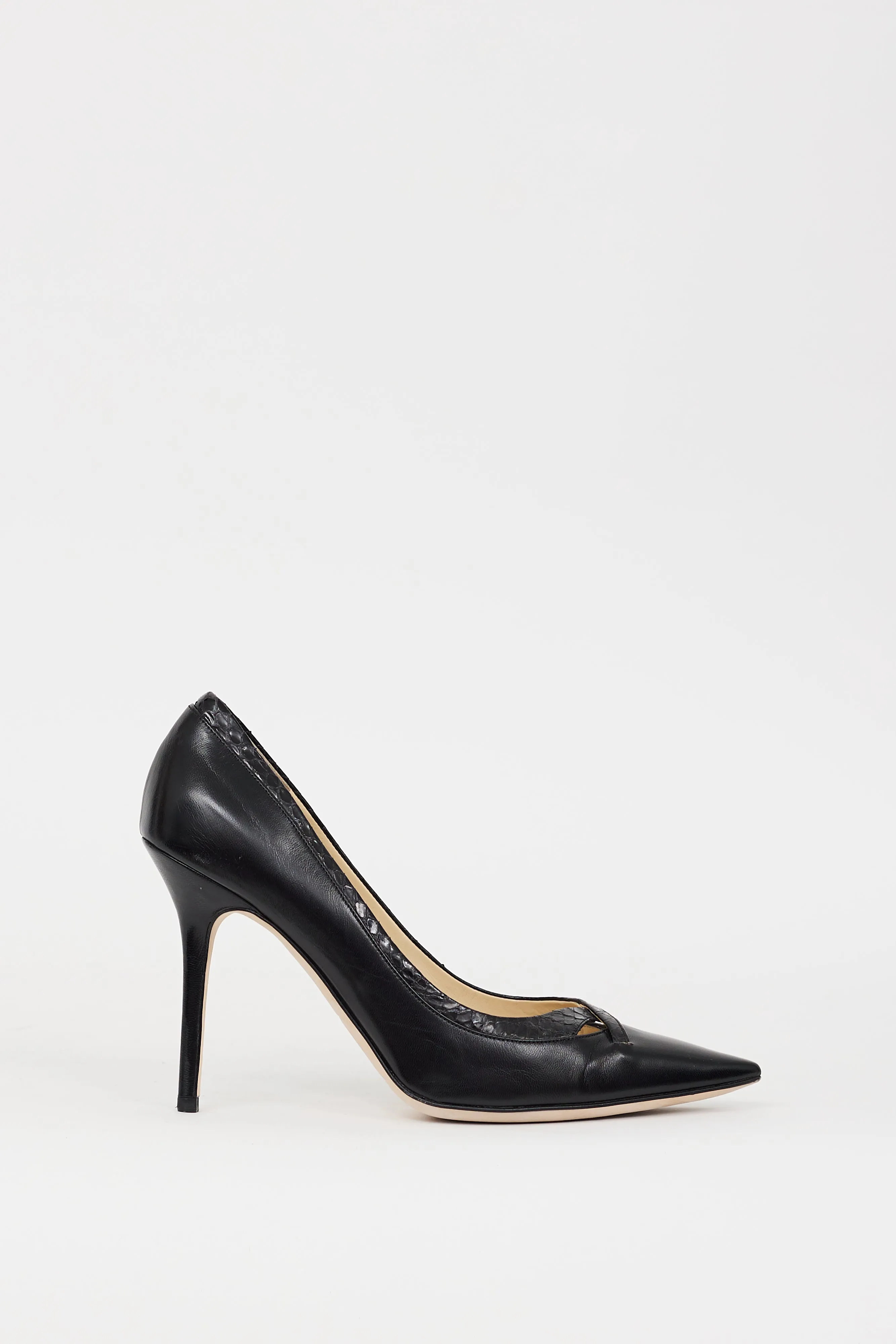 Black Leather Pointed Cutout Heel