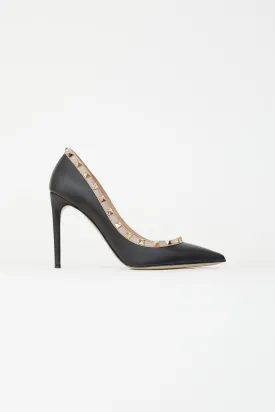 Black Leather Rockstud 100 Beige Trim Pump