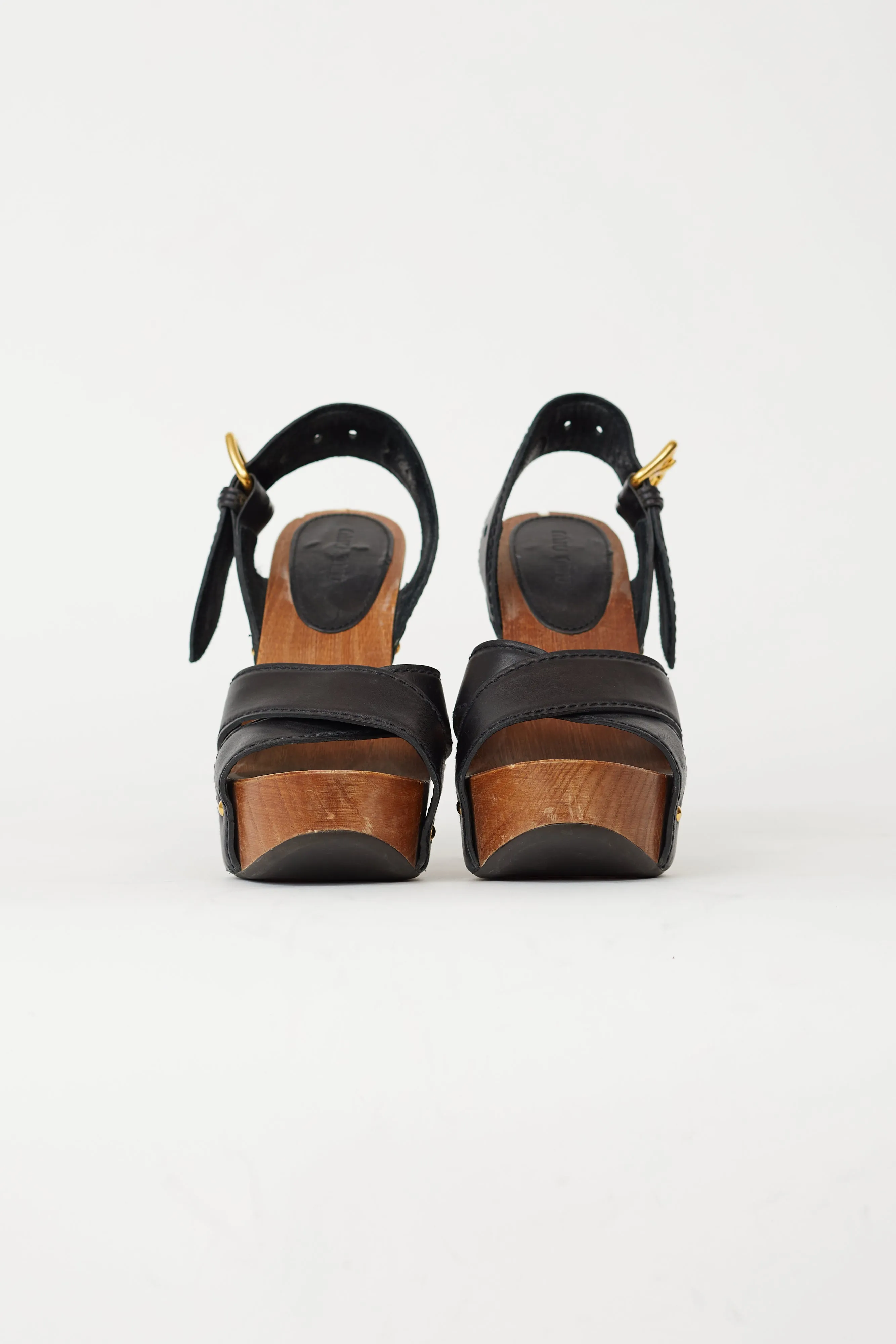 Black Leather Slingback Wood Platform Sandal Heel
