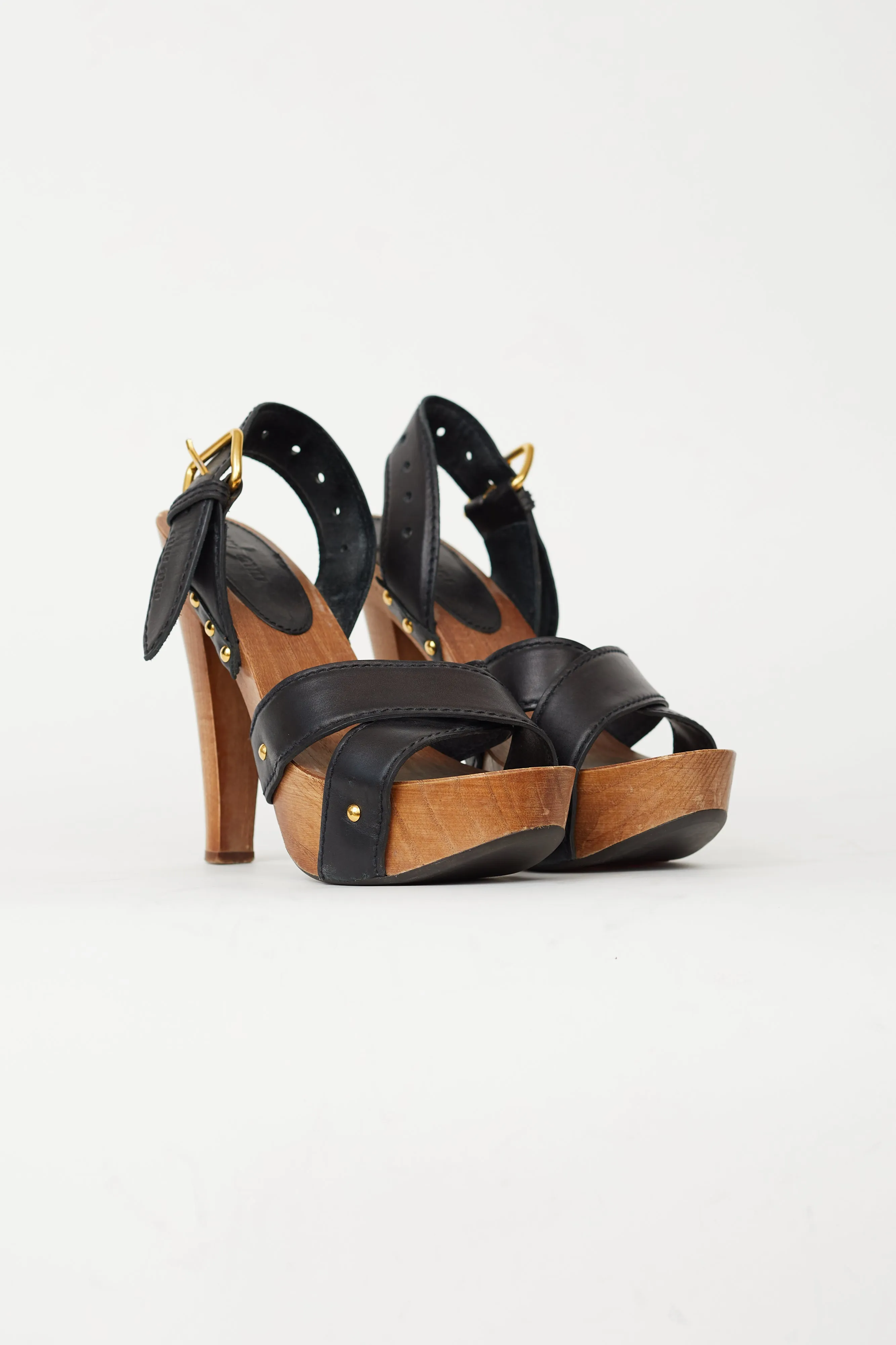 Black Leather Slingback Wood Platform Sandal Heel