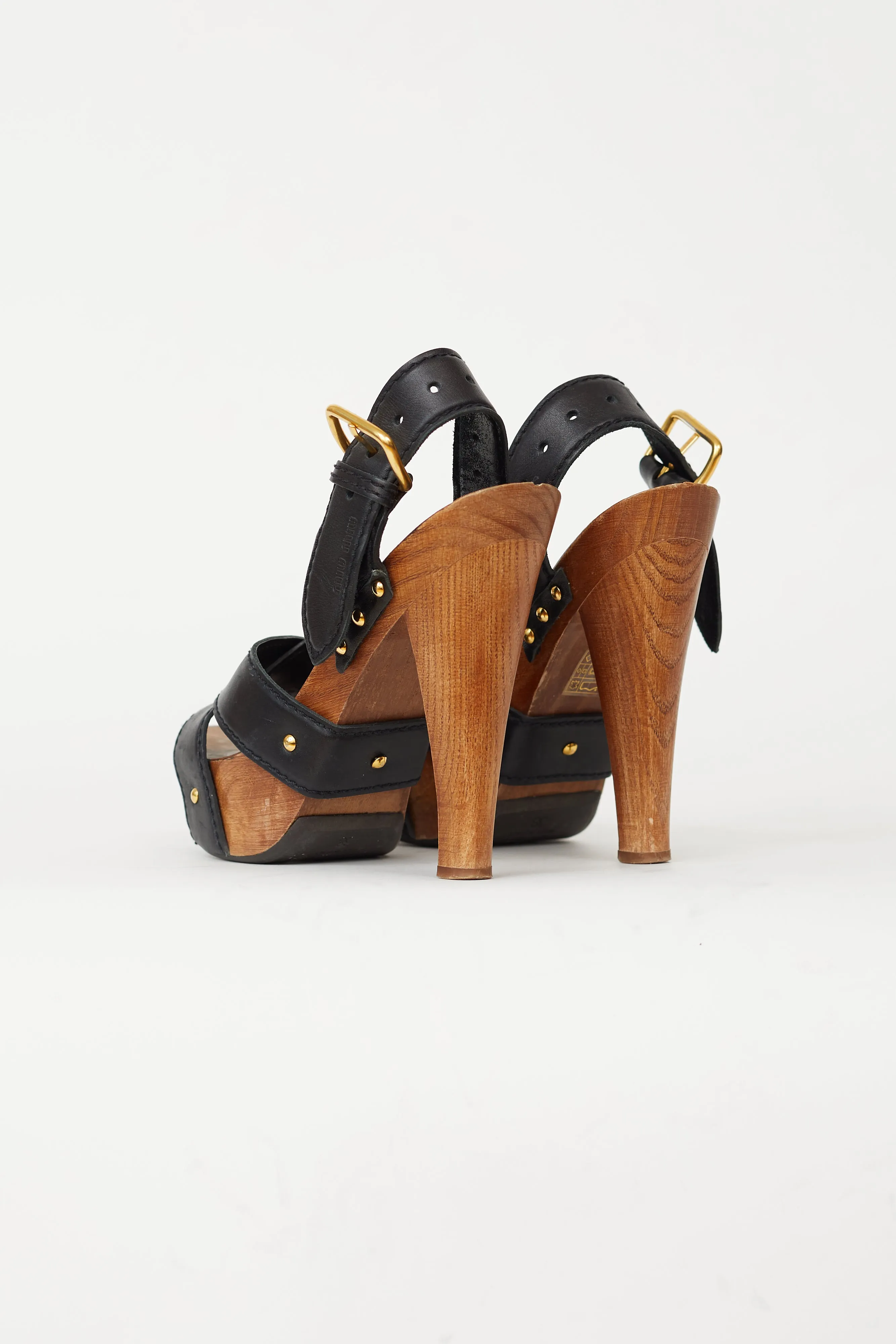 Black Leather Slingback Wood Platform Sandal Heel