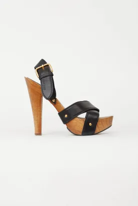 Black Leather Slingback Wood Platform Sandal Heel