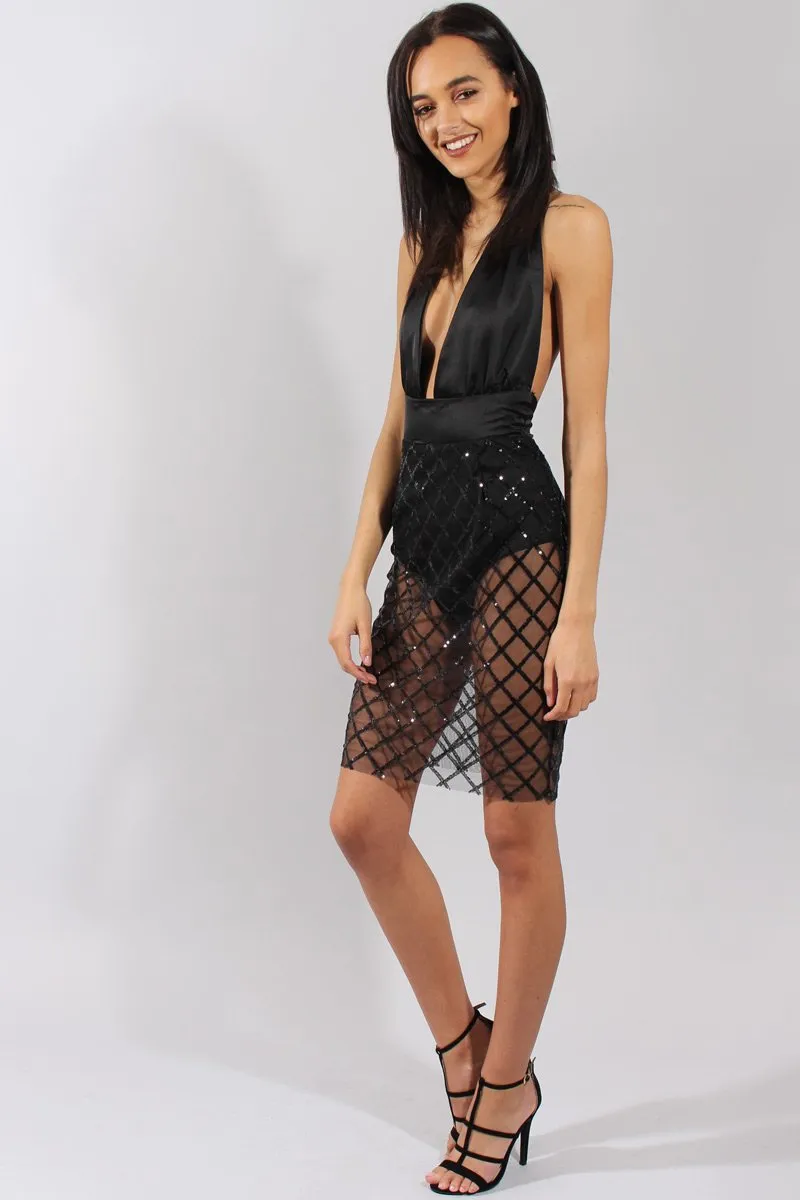 Black Sequin Diamond Plunge Halter Tie Dress - Misti