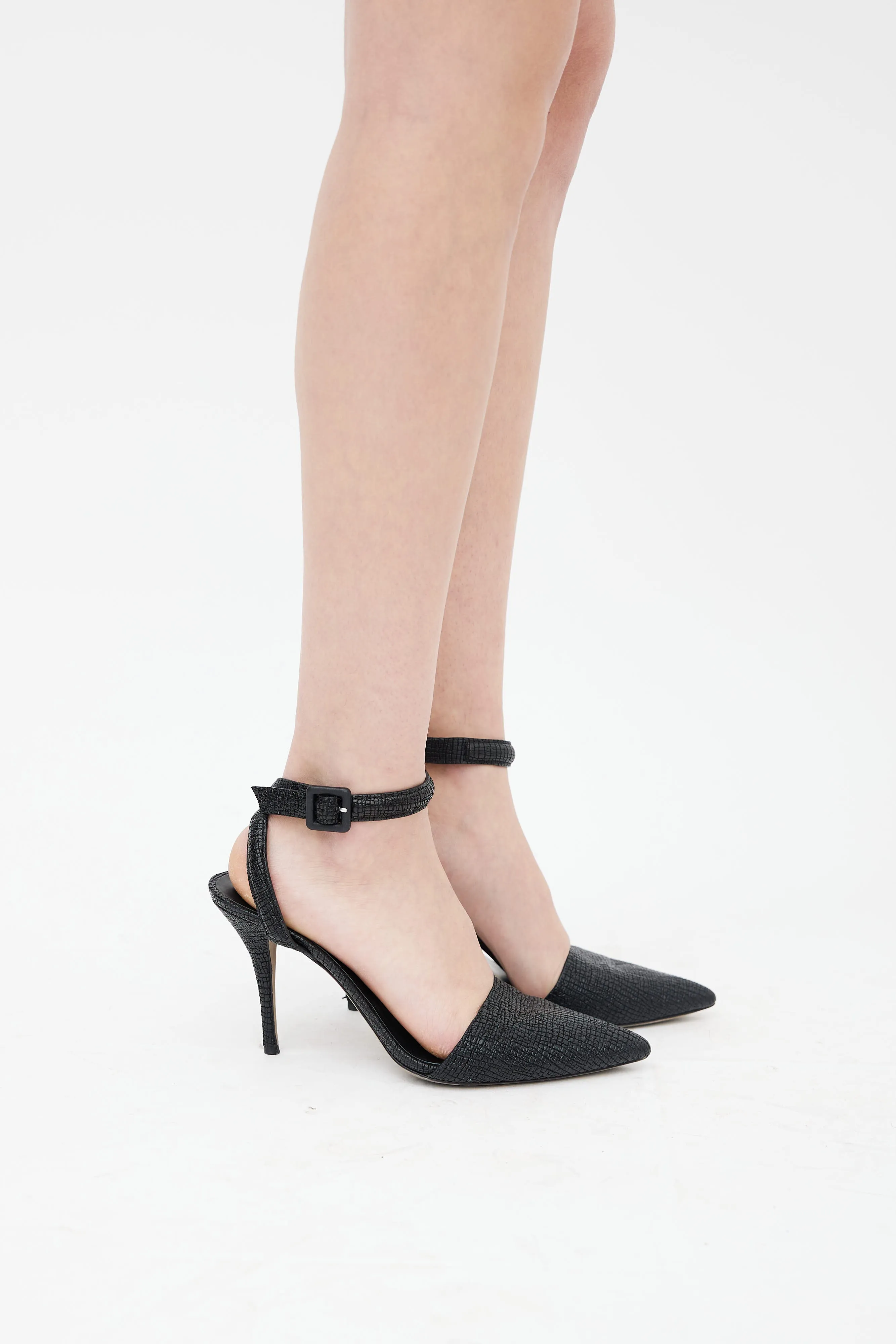 Black Textured Leather Strappy Heel