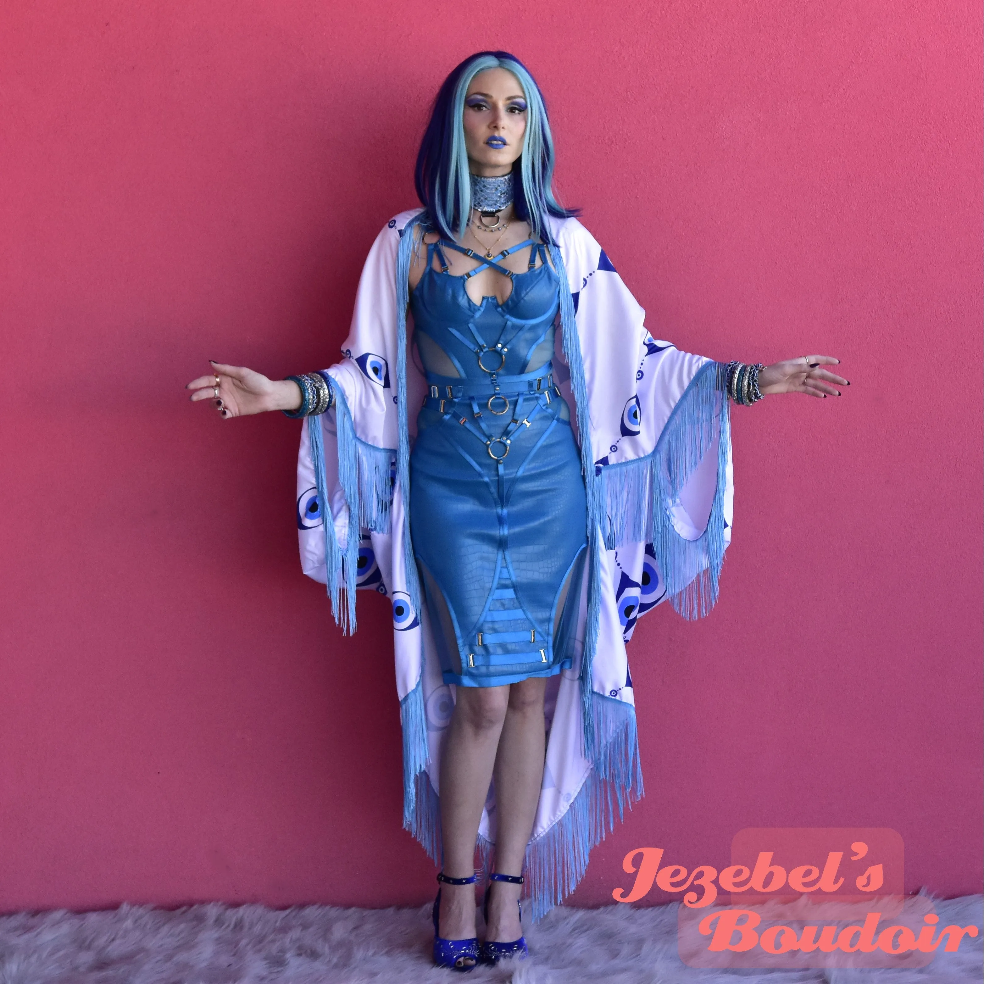 Blue Evil Eye Festival Robe, Trippy Occult Rave Duster, Trippy Bat Wing Fortune Teller Kimono, Oracle Fringe Cover, Belly Dance Costume, Burning Man Oddity Flowing Bohemian Avant Garde Goddess Priestess Mystical