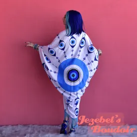 Blue Evil Eye Festival Robe, Trippy Occult Rave Duster, Trippy Bat Wing Fortune Teller Kimono, Oracle Fringe Cover, Belly Dance Costume, Burning Man Oddity Flowing Bohemian Avant Garde Goddess Priestess Mystical