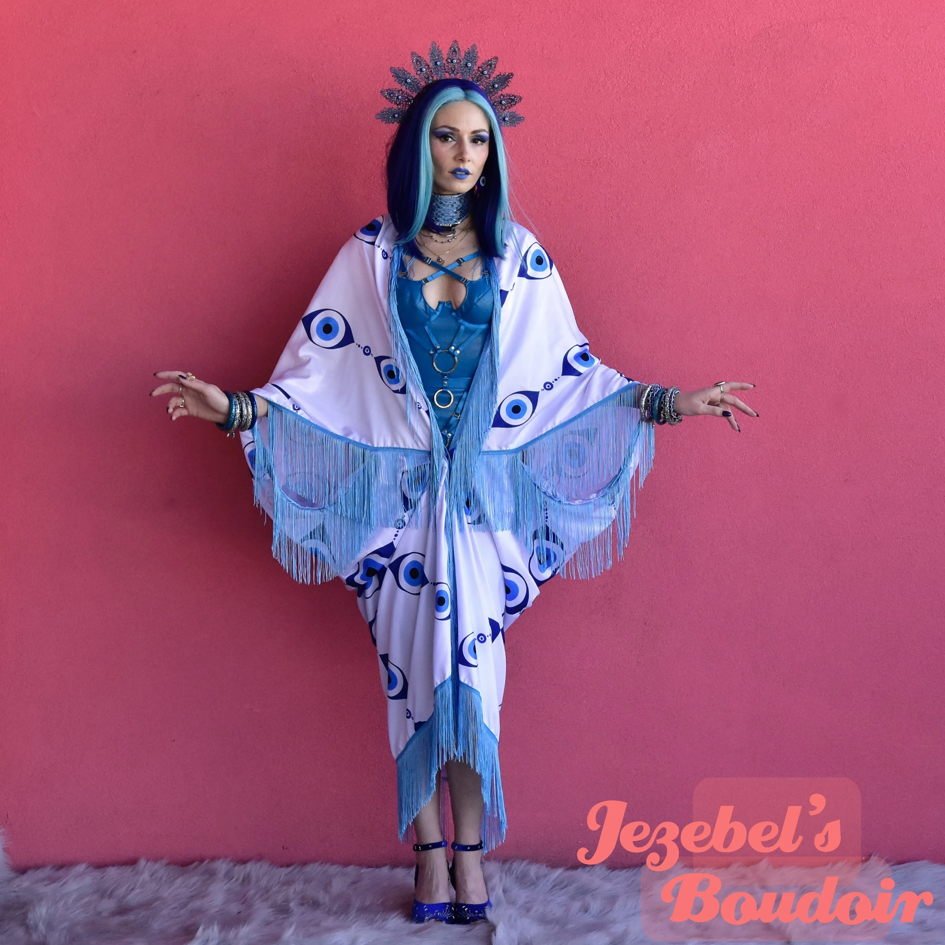 Blue Evil Eye Festival Robe, Trippy Occult Rave Duster, Trippy Bat Wing Fortune Teller Kimono, Oracle Fringe Cover, Belly Dance Costume, Burning Man Oddity Flowing Bohemian Avant Garde Goddess Priestess Mystical
