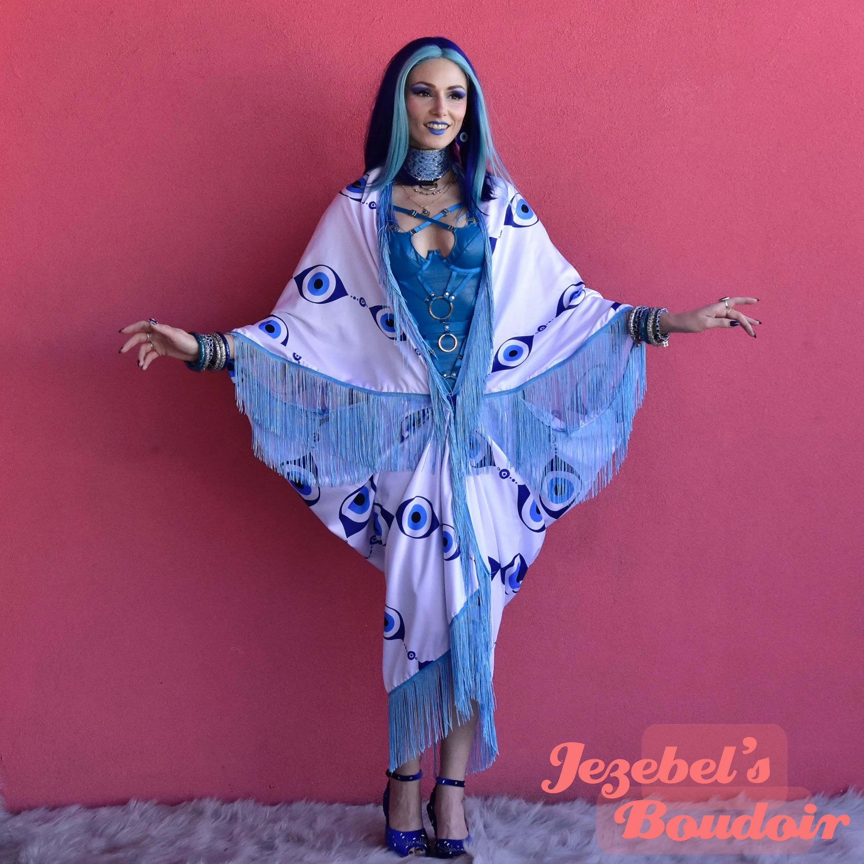 Blue Evil Eye Festival Robe, Trippy Occult Rave Duster, Trippy Bat Wing Fortune Teller Kimono, Oracle Fringe Cover, Belly Dance Costume, Burning Man Oddity Flowing Bohemian Avant Garde Goddess Priestess Mystical