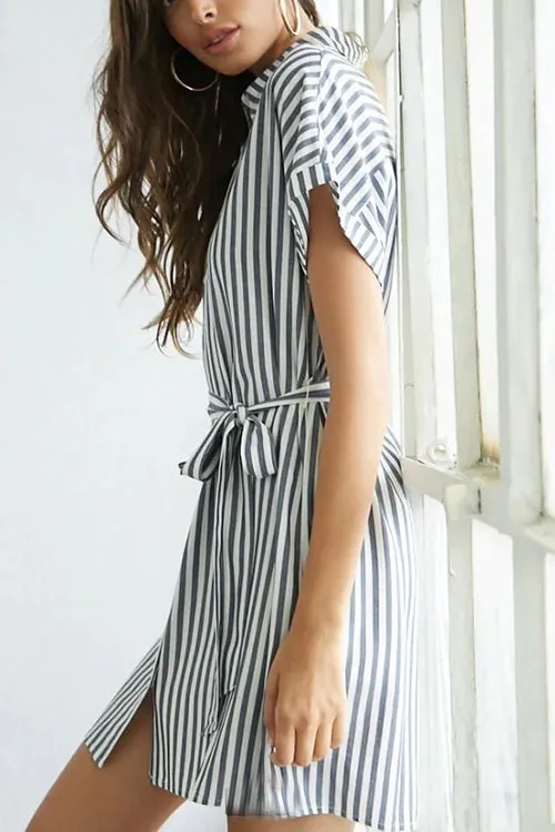 Button Stripe Beleted Mini Dress